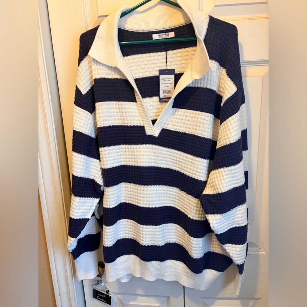 NWT Smash Tess Megan Waffle Sweater – Navy/Ivory Stripe (3XL/4XL)